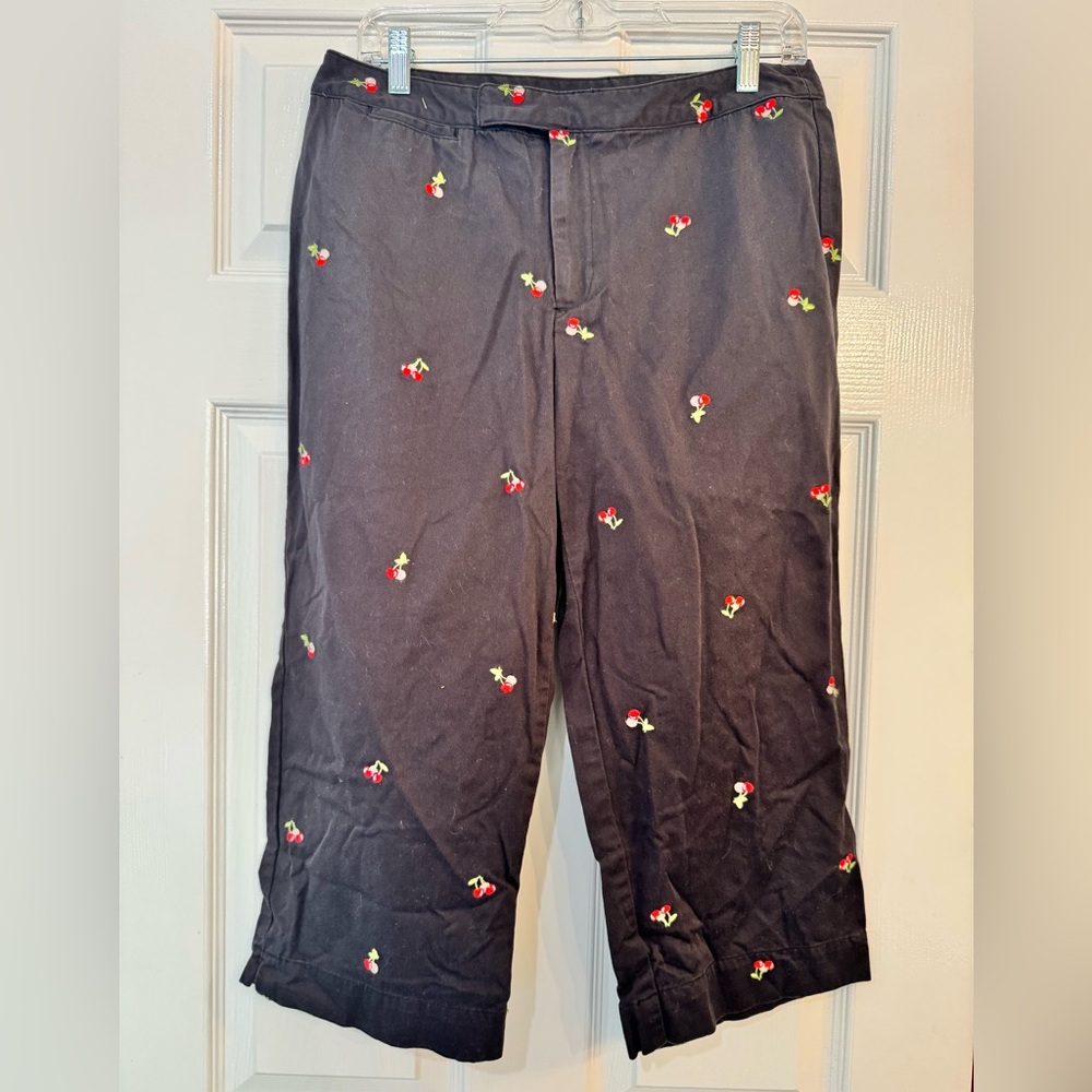 Embroidered Cherry Black Capri or Cropped Pants
